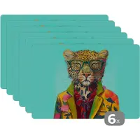 KitchenYeah Placemat - Placemats kunststof - Dier - Bril - Luipaard - Strik - Design - 45x30 cm - 6 stuks - Hittebestendig - Anti-Slip - Onderlegger - Afneembaar