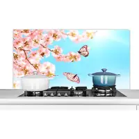 KitchenYeah - Spatscherm - Vlinder - Bloemen - Bloesem takken - Natuur - Roze - Insecten - Achterwand keuken - 120x60 cm - Spatwand - Spatscherm dieren - Muurbeschermer