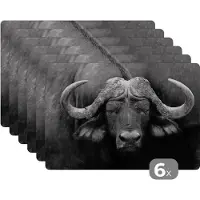 KitchenYeah Placemat - Placemats kunststof - Dieren - Buffalo - Zwart - Wit - Portret - 45x30 cm - 6 stuks - Hittebestendig - Anti-Slip - Onderlegger - Afneembaar