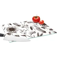 KitchenYeah Glazen Snijplank - 39x28 - Patroon - Planten - Zwart - Wit - Snijplanken Glas