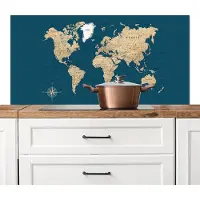 KitchenYeah Spatscherm keuken 120x60 cm - Kookplaat achterwand Wereldkaart - Donkerblauw - Beige - Muurbeschermer - Spatwand fornuis - Hoogwaardig aluminium