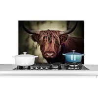KitchenYeah Spatscherm keuken 80x55 cm - Kookplaat achterwand Schotse hooglander - Licht - Portret - Natuur - Muurbeschermer - Spatwand fornuis - Hoogwaardig aluminium