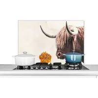 KitchenYeah Spatscherm keuken 90x60 cm - Kookplaat achterwand Schotse hooglander - Koe - Bloem - Muurbeschermer - Spatwand fornuis - Hoogwaardig aluminium