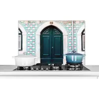 KitchenYeah Spatscherm keuken 90x60 cm - Kookplaat achterwand Deur - Hout - Groen - Huis - Muurbeschermer - Spatwand fornuis - Hoogwaardig aluminium