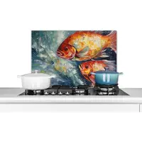 KitchenYeah Spatscherm keuken 70x50 cm - Kookplaat achterwand Vissen - Water - Dieren - Kunst - Olieverf - Muurbeschermer - Spatwand fornuis - Hoogwaardig aluminium