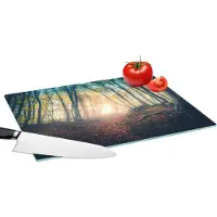 KitchenYeah Glazen Snijplank - 39x28 - Bos - Mist - Zon - Herfst - Snijplanken Glas