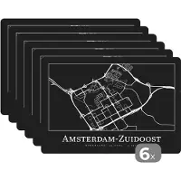 KitchenYeah Placemat - Placemats kunststof - Stadskaart - Kaart - Amsterdam-Zuidoost - Plattegrond - 45x30 cm - 6 stuks - Hittebestendig - Anti-Slip - Onderlegger - Afneembaar
