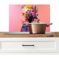 KitchenYeah Spatscherm keuken 60x40 cm - Kookplaat achterwand Kleurrijk - Bloemen - Vrouw - Zon - Muurbeschermer - Spatwand fornuis - Hoogwaardig aluminium