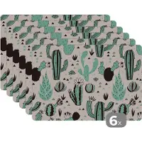 KitchenYeah Placemat - Placemats kunststof - Cactus - Patroon - Bloemen - 45x30 cm - 6 stuks - Hittebestendig - Anti-Slip - Onderlegger - Afneembaar