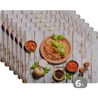 KitchenYeah Placemat - Placemats kunststof - Pasta - Basilicum - Groente - 45x30 cm - 6 stuks - Hittebestendig - Anti-Slip - Onderlegger - Afneembaar