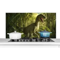 KitchenYeah Spatscherm keuken 120x60 cm - Kookplaat achterwand Dinosaurus - Planten - Groen - Illustratie - Kinderen - Jongens - Muurbeschermer - Spatwand fornuis - Hoogwaardig aluminium