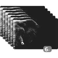 KitchenYeah Placemat - Placemats kunststof - Dieren - Olifant - Wild - Zwart - Wit - 45x30 cm - 6 stuks - Hittebestendig - Anti-Slip - Onderlegger - Afneembaar