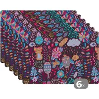 KitchenYeah Placemat - Placemats kunststof - Patroon - Uil - Kat - Bloemen - 45x30 cm - 6 stuks - Hittebestendig - Anti-Slip - Onderlegger - Afneembaar