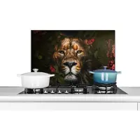 KitchenYeah Spatscherm keuken 60x40 cm - Kookplaat achterwand Jungle - Leeuw - Vlinder - Bloemen - Muurbeschermer - Spatwand fornuis - Hoogwaardig aluminium
