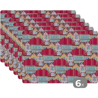 KitchenYeah Placemat - Placemats kunststof - Huizen - Zentangle - Patronen - 45x30 cm - 6 stuks - Hittebestendig - Anti-Slip - Onderlegger - Afneembaar