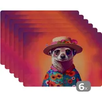 KitchenYeah Placemat - Placemats kunststof - Meerkat - Bloemen - Hoed - Dieren - Portret - 45x30 cm - 6 stuks - Hittebestendig - Anti-Slip - Onderlegger - Afneembaar