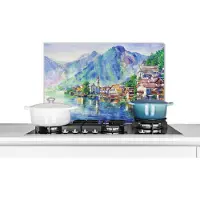KitchenYeah Spatscherm keuken 70x50 cm - Kookplaat achterwand Schilderij - Architectuur - Water - Bergen - Olieverf - Muurbeschermer - Spatwand fornuis - Hoogwaardig aluminium