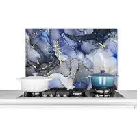KitchenYeah Spatscherm - Goud - Abstract - Marmer print look - Luxe - Blauw - Natuursteen - Keuken - Achterwand keuken - Spatwand - keukenmuur - 80x55 cm