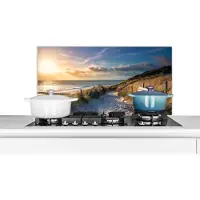 KitchenYeah Spatscherm keuken 90x45 cm - Kookplaat achterwand Zonsondergang - Strand - Duin - Gras - Bank - Muurbeschermer - Spatwand fornuis - Hoogwaardig aluminium