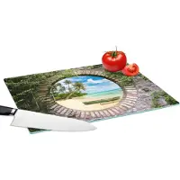 KitchenYeah Glazen Snijplank - 39x28 - Strand - Palmboom - Doorkijk - Kano - Snijplanken Glas
