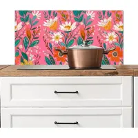 KitchenYeah Spatscherm keuken 80x40 cm - Kookplaat achterwand Roze - Bloemen - Wit - Oranje - Muurbeschermer - Spatwand fornuis - Hoogwaardig aluminium
