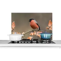 KitchenYeah Spatscherm keuken 90x60 cm - Kookplaat achterwand Vogel - Bladeren - Herfst - Goudvink - Muurbeschermer - Spatwand fornuis - Hoogwaardig aluminium