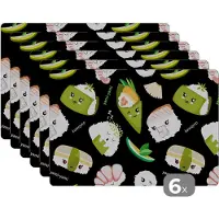 KitchenYeah Placemat - Placemats kunststof - Kawaii - Sushi - Patronen - 45x30 cm - 6 stuks - Hittebestendig - Anti-Slip - Onderlegger - Afneembaar
