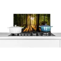 KitchenYeah Spatscherm keuken 70x30 cm - Kookplaat achterwand Zon - Bomen - Bos - Landschap - Natuur - Muurbeschermer - Spatwand fornuis - Hoogwaardig aluminium