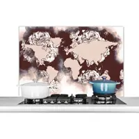 KitchenYeah Spatscherm keuken 100x65 cm - Kookplaat achterwand Wereldkaart - Bruin - Rozen - Muurbeschermer - Spatwand fornuis - Hoogwaardig aluminium