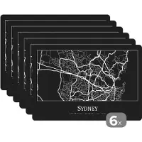 KitchenYeah Placemat - Placemats kunststof - Kaart - Sydney - Stadskaart - Plattegrond - 45x30 cm - 6 stuks - Hittebestendig - Anti-Slip - Onderlegger - Afneembaar