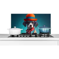 KitchenYeah Spatscherm keuken 80x40 cm - Kookplaat achterwand Hond - Colbert - Bloemen - Portret - Blauw - Muurbeschermer - Spatwand fornuis - Hoogwaardig aluminium