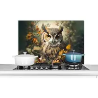 KitchenYeah Spatscherm keuken 90x60 cm - Kookplaat achterwand Uil - Vogels - Bloemen - Natuur - Muurbeschermer - Spatwand fornuis - Hoogwaardig aluminium