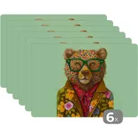KitchenYeah Placemat - Placemats kunststof - Beer - Kleuren - Bril - Dier - Bloemen - 45x30 cm - 6 stuks - Hittebestendig - Anti-Slip - Onderlegger - Afneembaar