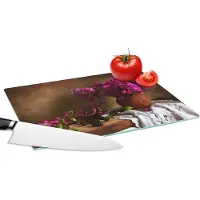 KitchenYeah Glazen Snijplank - 28x20 - Rustiek - Bloemen - Roze - Vaas - Stilleven - Snijplanken Glas