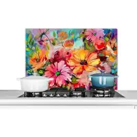 KitchenYeah Spatscherm keuken 80x55 cm - Kookplaat achterwand Bloemen - Kleurrijk - Kunst - Olieverf - Muurbeschermer - Spatwand fornuis - Hoogwaardig aluminium