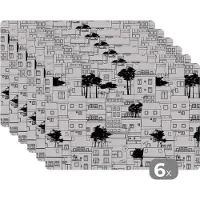 KitchenYeah Placemat - Placemats kunststof - Patronen - Bomen - Huis - 45x30 cm - 6 stuks - Hittebestendig - Anti-Slip - Onderlegger - Afneembaar
