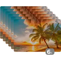 KitchenYeah Placemat - Placemats kunststof - Zonsondergang - Palmboom - Wolken - Zee - Strand - 45x30 cm - 6 stuks - Hittebestendig - Anti-Slip - Onderlegger - Afneembaar