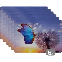 KitchenYeah Placemat - Placemats kunststof - Vlinder - Zonsondergang - Paardebloem - Blauw - 45x30 cm - 6 stuks - Hittebestendig - Anti-Slip - Onderlegger - Afneembaar