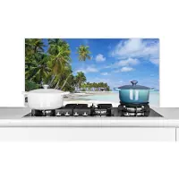 KitchenYeah Spatscherm keuken 100x50 cm - Kookplaat achterwand Zee - Zon - Palmbomen - Muurbeschermer - Spatwand fornuis - Hoogwaardig aluminium