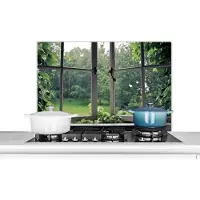 KitchenYeah Spatscherm keuken 90x60 cm - Kookplaat achterwand Overwoekerd oud raam - Muurbeschermer - Spatwand fornuis - Hoogwaardig aluminium