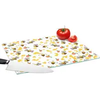 KitchenYeah Glazen Snijplank - 39x28 - Honing - Bij - Bloemen - Patronen - Lente - Snijplanken Glas