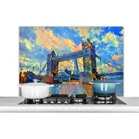 KitchenYeah Spatscherm keuken 100x65 cm - Kookplaat achterwand Schilderij - Londen - Brug - Olieverf - Muurbeschermer - Spatwand fornuis - Hoogwaardig aluminium