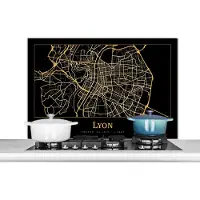 KitchenYeah Spatscherm keuken 100x65 cm - Kookplaat achterwand Kaart - Lyon - Zwart - Goud - Muurbeschermer - Spatwand fornuis - Hoogwaardig aluminium