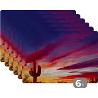 KitchenYeah Placemat - Placemats kunststof - Cactus - Lucht - Zonsondergang - Paars - Roze - 45x30 cm - 6 stuks - Hittebestendig - Anti-Slip - Onderlegger - Afneembaar