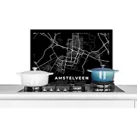 KitchenYeah Spatscherm keuken 70x50 cm - Kookplaat achterwand Kaart - Amstelveen - Zwart - Muurbeschermer - Spatwand fornuis - Hoogwaardig aluminium