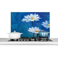 KitchenYeah Spatscherm keuken 80x55 cm - Kookplaat achterwand Schilderij - Olieverf - Bloemen - Blauw - Muurbeschermer - Spatwand fornuis - Hoogwaardig aluminium