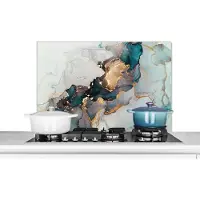 KitchenYeah Spatscherm - Blauw - Goud - Spatwand - Abstract - Marmer print - Achterwand keuken - Keuken - 80x55 cm