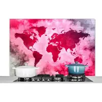 KitchenYeah Spatscherm keuken 120x80 cm - Kookplaat achterwand Wereldkaart - Rood - Zwart - Muurbeschermer - Spatwand fornuis - Hoogwaardig aluminium