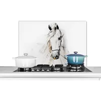 KitchenYeah Spatscherm keuken 90x60 cm - Kookplaat achterwand Paard - Waterverf - Dieren - Wit - Muurbeschermer - Spatwand fornuis - Hoogwaardig aluminium