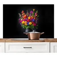 KitchenYeah Spatscherm keuken 120x80 cm - Kookplaat achterwand Felgekleurd - Bloemen - Vaas - Muurbeschermer - Spatwand fornuis - Hoogwaardig aluminium
